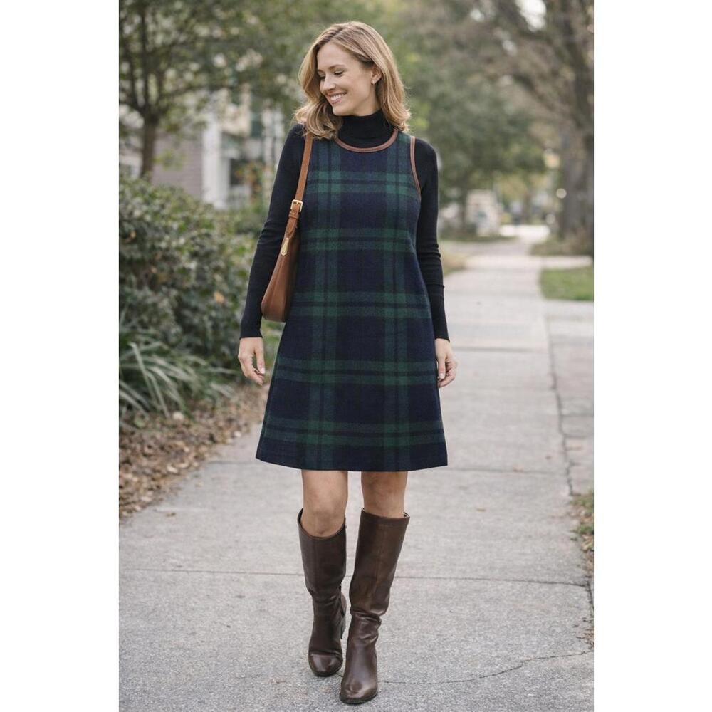 Lauren Ralph Lauren Navy green Lambswool/Cashmere Plaid Sweater Dress Size Large